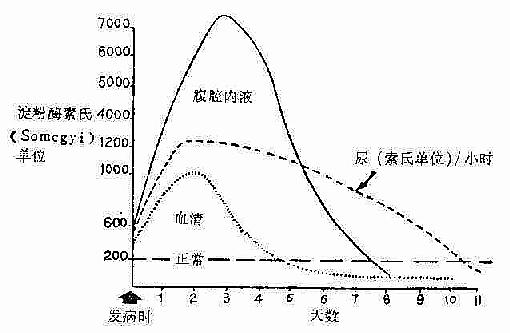 各种体液内淀粉酶值,在血清淀粉酶恢复正常时,尿淀粉酶仍高
